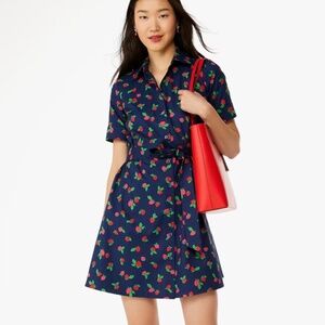 KATE SPADE Strawberry Shirtdress Tie Waist Navy Size M